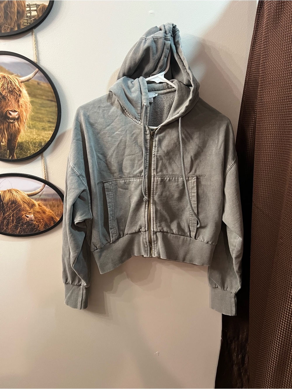 Cropped Washed Gray Zip-Up Utility Hoodie Jacket